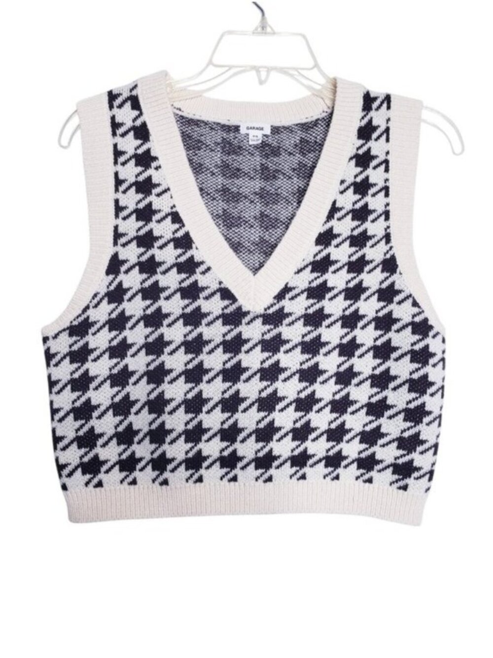 Garage Cream & Brown Herringbone V-Neck Crop Sweater Vest Women's Size Small